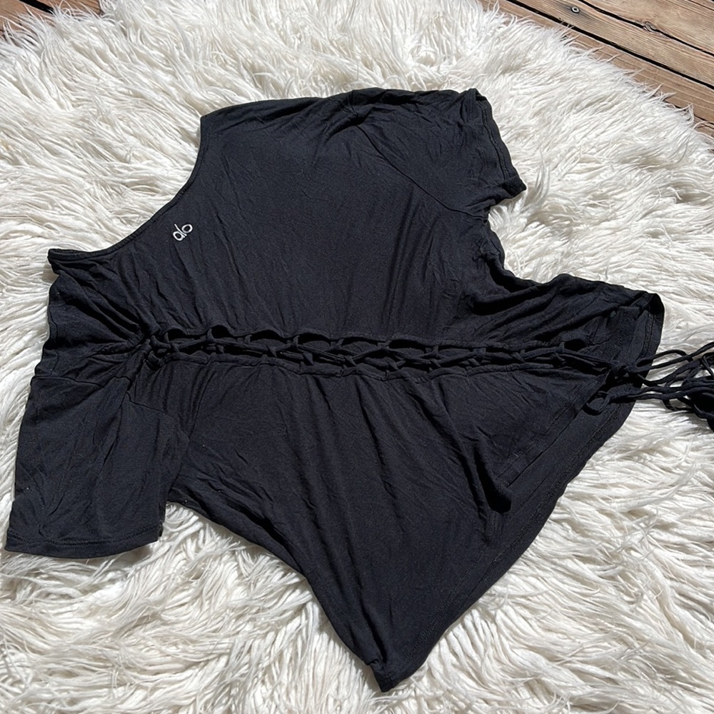 ALO Black Open Tie Back T-Shirt, S